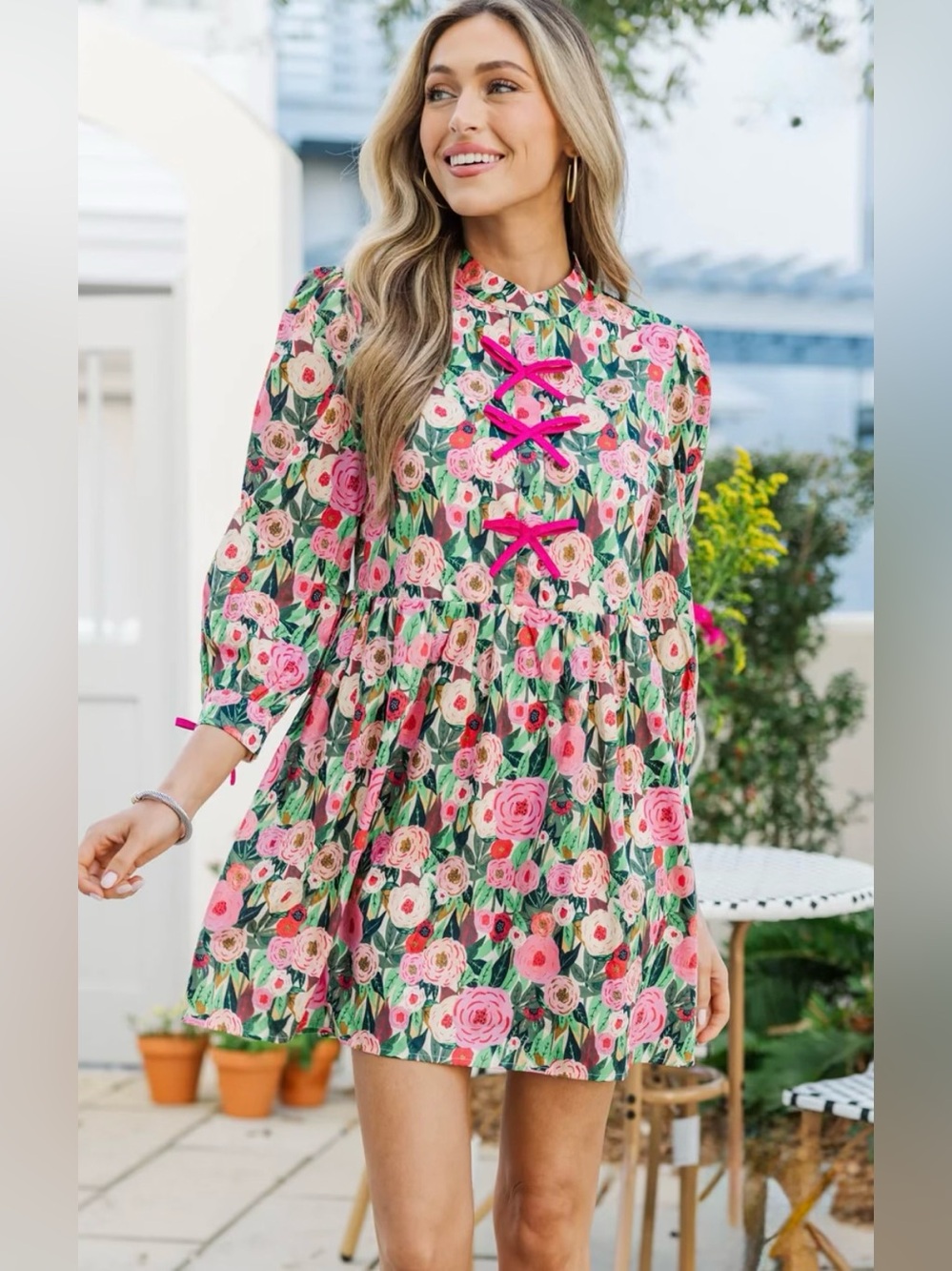 Shop The Mint Floral Bow Front Mini Dress Pink, Green, Yellow Small 3/4 Sleeves